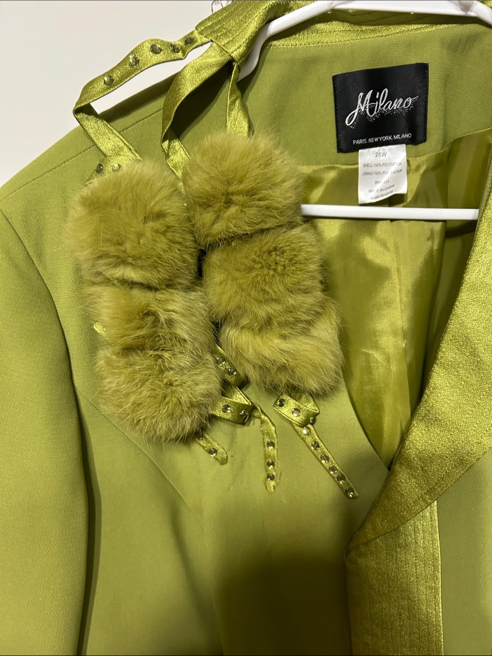 Milano Chartreuse Women's  Set Blazer with Satin Trim and Pom Accents and Skirt - Picture 6 of 10